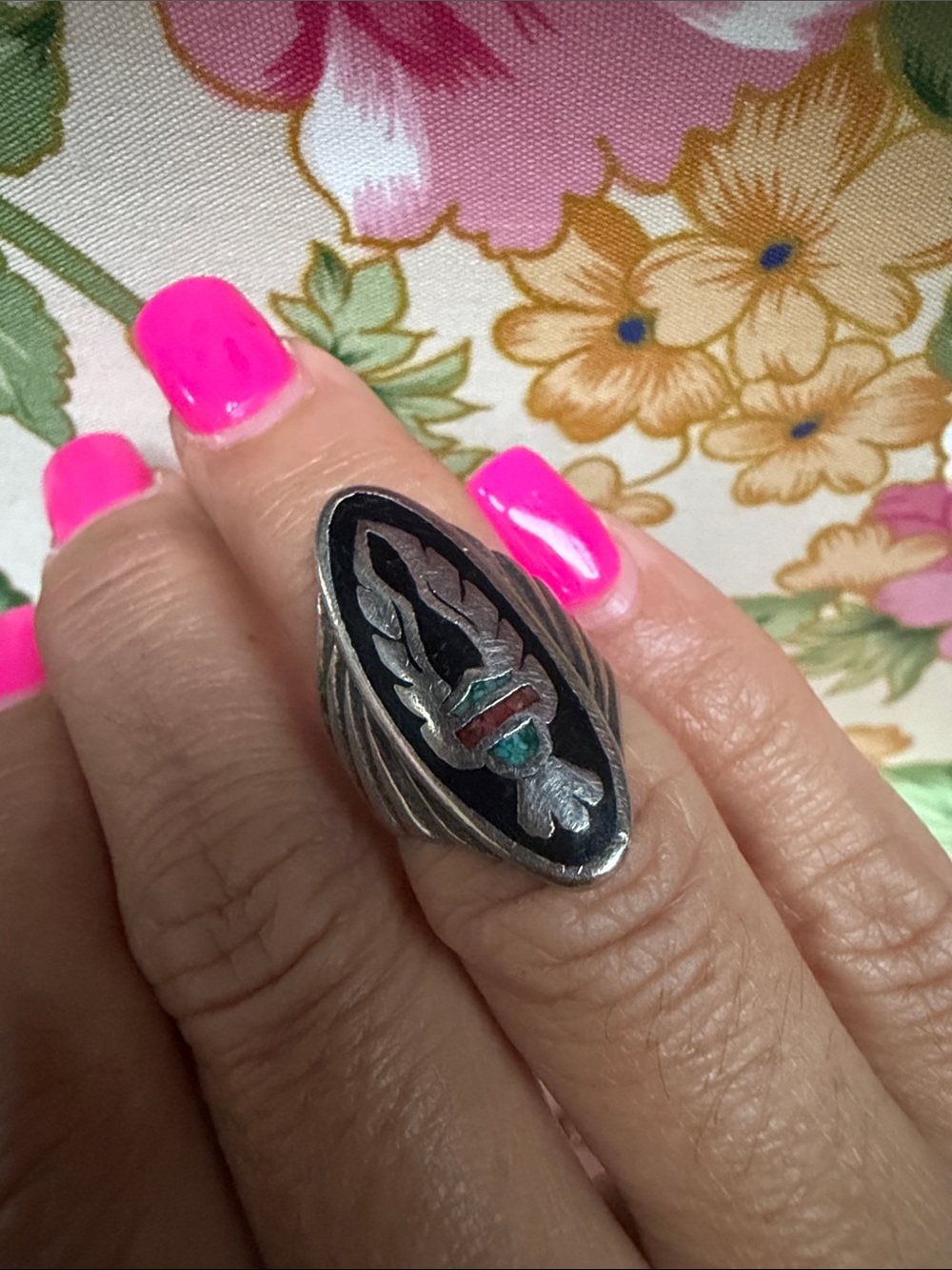 Sterling Silver Navajo-Style Black and Turquoise Feather Ring